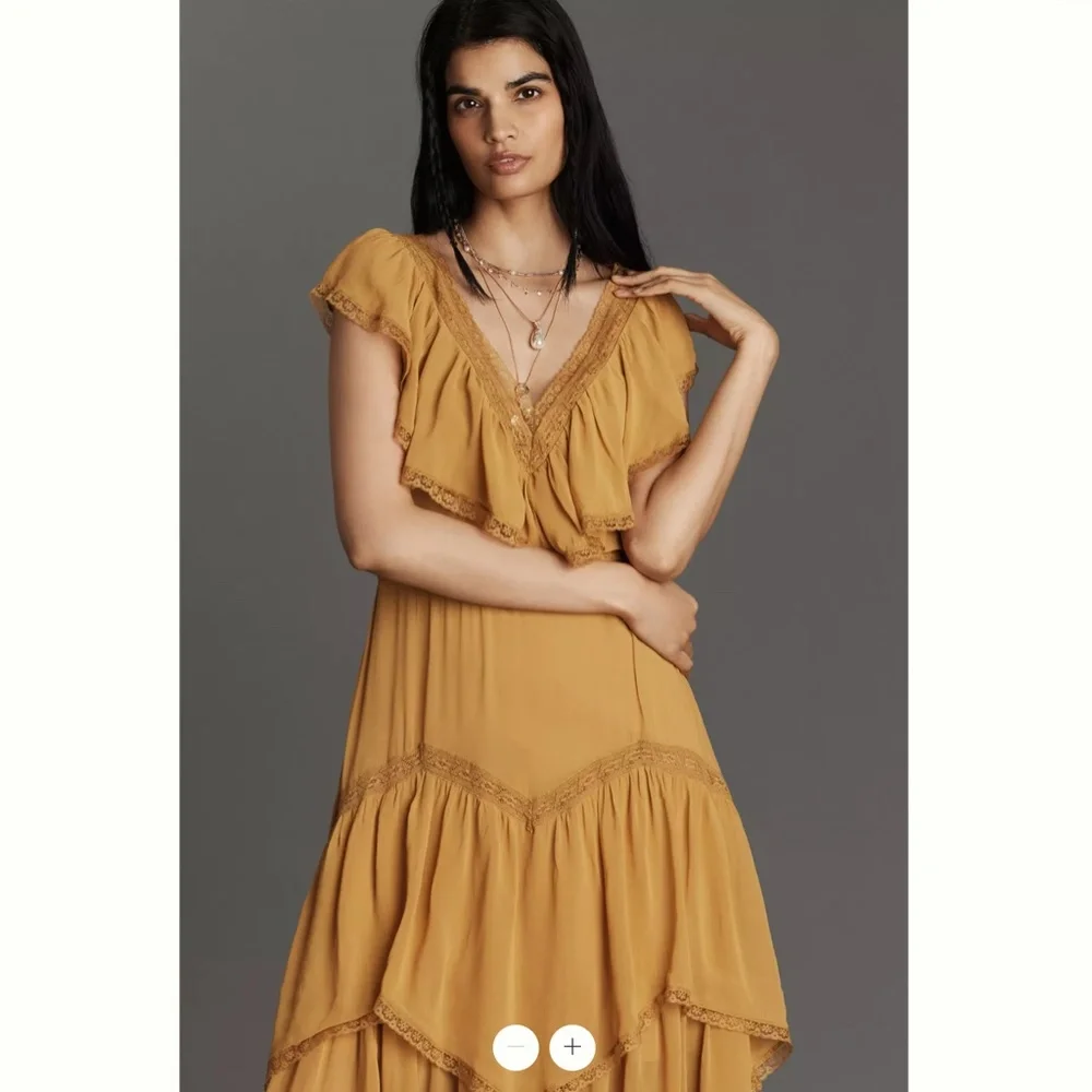 Anthropologie Short-Sleeve V-Neck Ruffle Midi Dress - Picture 3 of 3